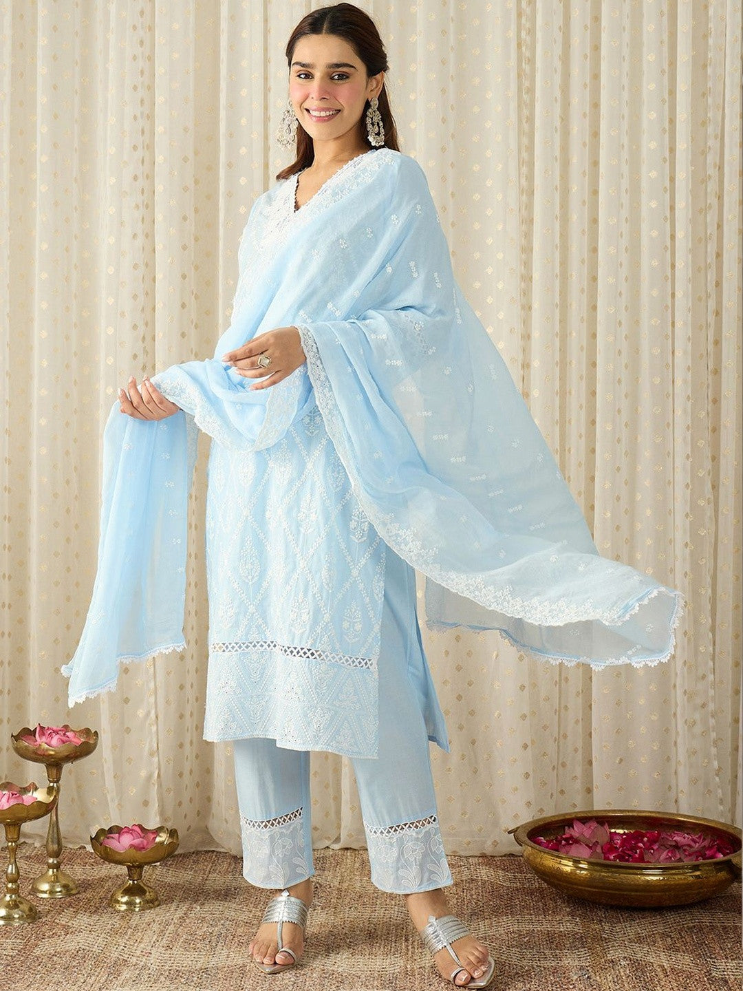 Women Embroidered Regular Thread Work Pure Cotton Kurta With Trousers & Dupatta