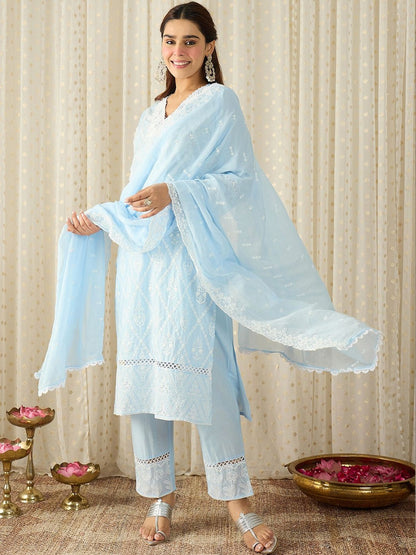 Women Embroidered Regular Thread Work Pure Cotton Kurta With Trousers & Dupatta