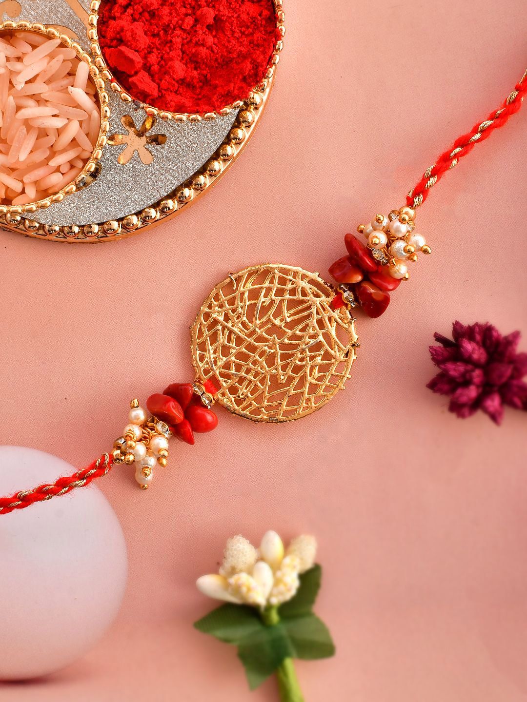 Dhiyona Gold-Toned Pearl-Beaded Rakhi With Roli Chawal & Greeting Card