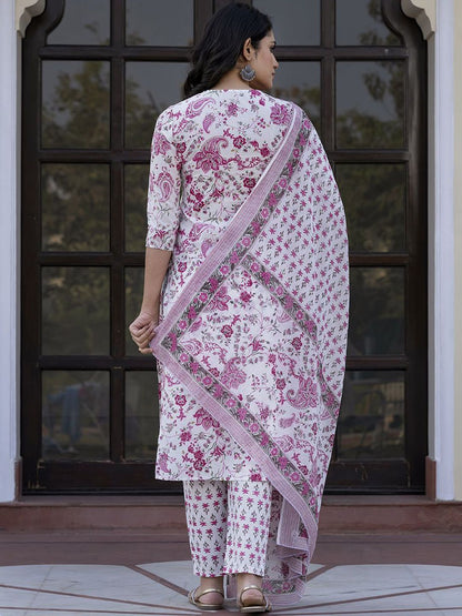 Dhiyona KL Paisley Printed Mirror Work Straight Pure Cotton Kurta With Trousers & Dupatta