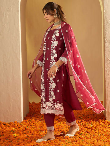 Women's Maroon Embroidered Straight Kurta Trousers With Dupatta Set