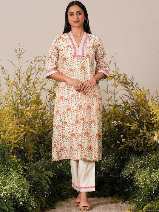 Women's LB Beige Printed Chanderi Silk A-Line Kurta With Palazzos