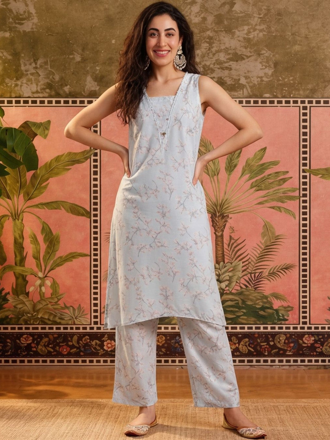 Dhiyona SN Printed Pure Cotton Square Neck Kurta & Trousers