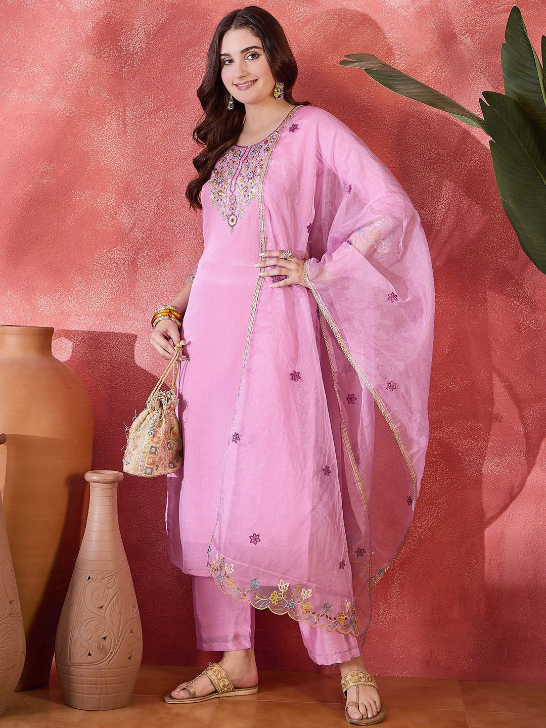 Floral Embroidered Thread Work Straight Kurta With Trousers & Dupatta