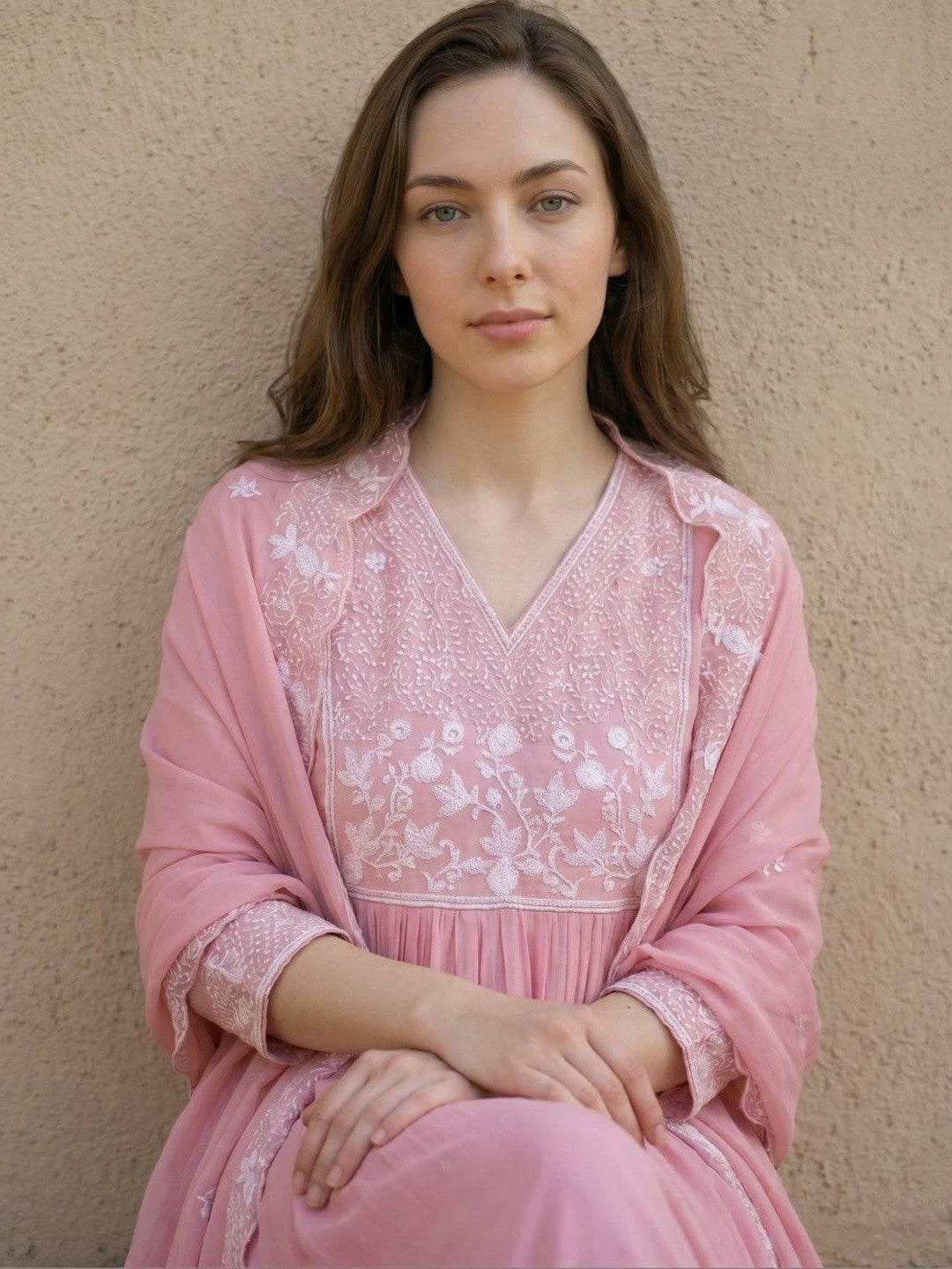 Women Ethnic Motifs Embroidered Empire Chikankari Kurta with Trousers & With Dupatta