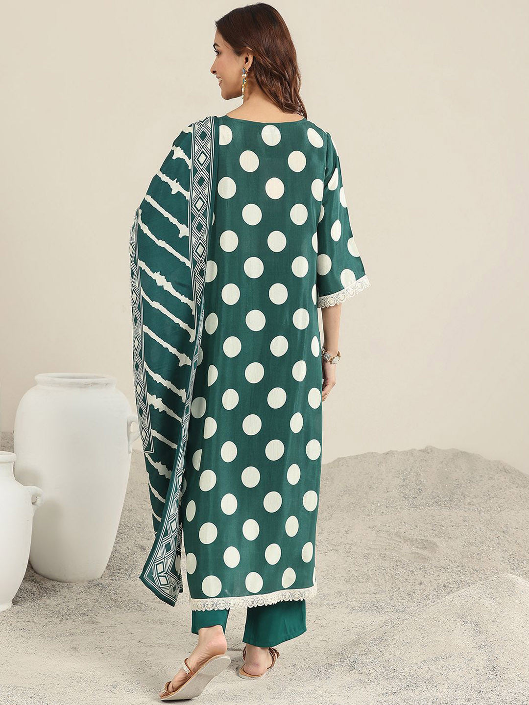 Polka Dot Printed V Neck A-Line Kurta With Trousers & Dupatta