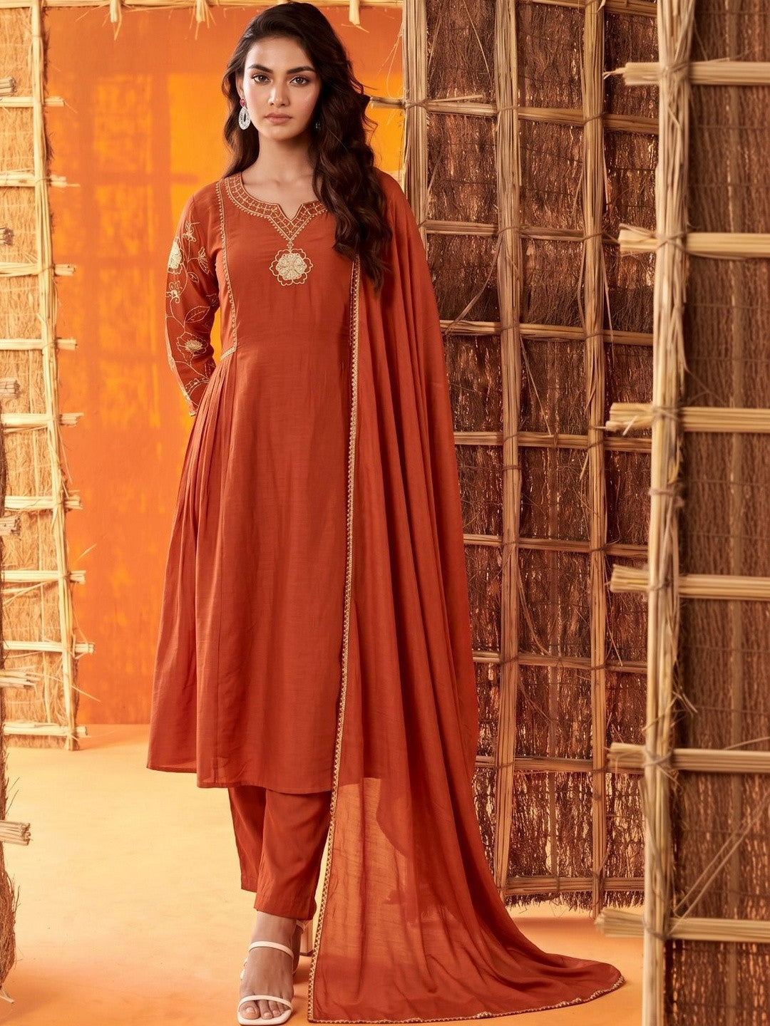 Dhiyona SN Women Floral Embroidered Pleated Kurta with Trousers & Dupatta
