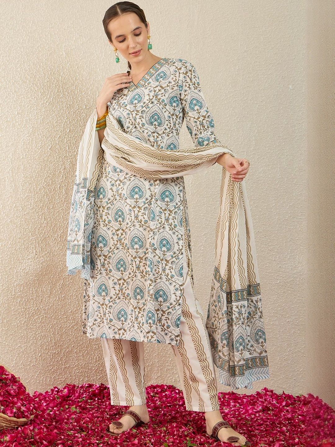 Dhiyona IE Women Ethnic Motifs Printed Regular Pure Cotton Kurta with Trousers & With Dupatta