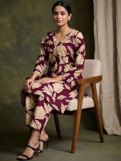 Printed Pure Cotton V-Neck Kurta & Trousers