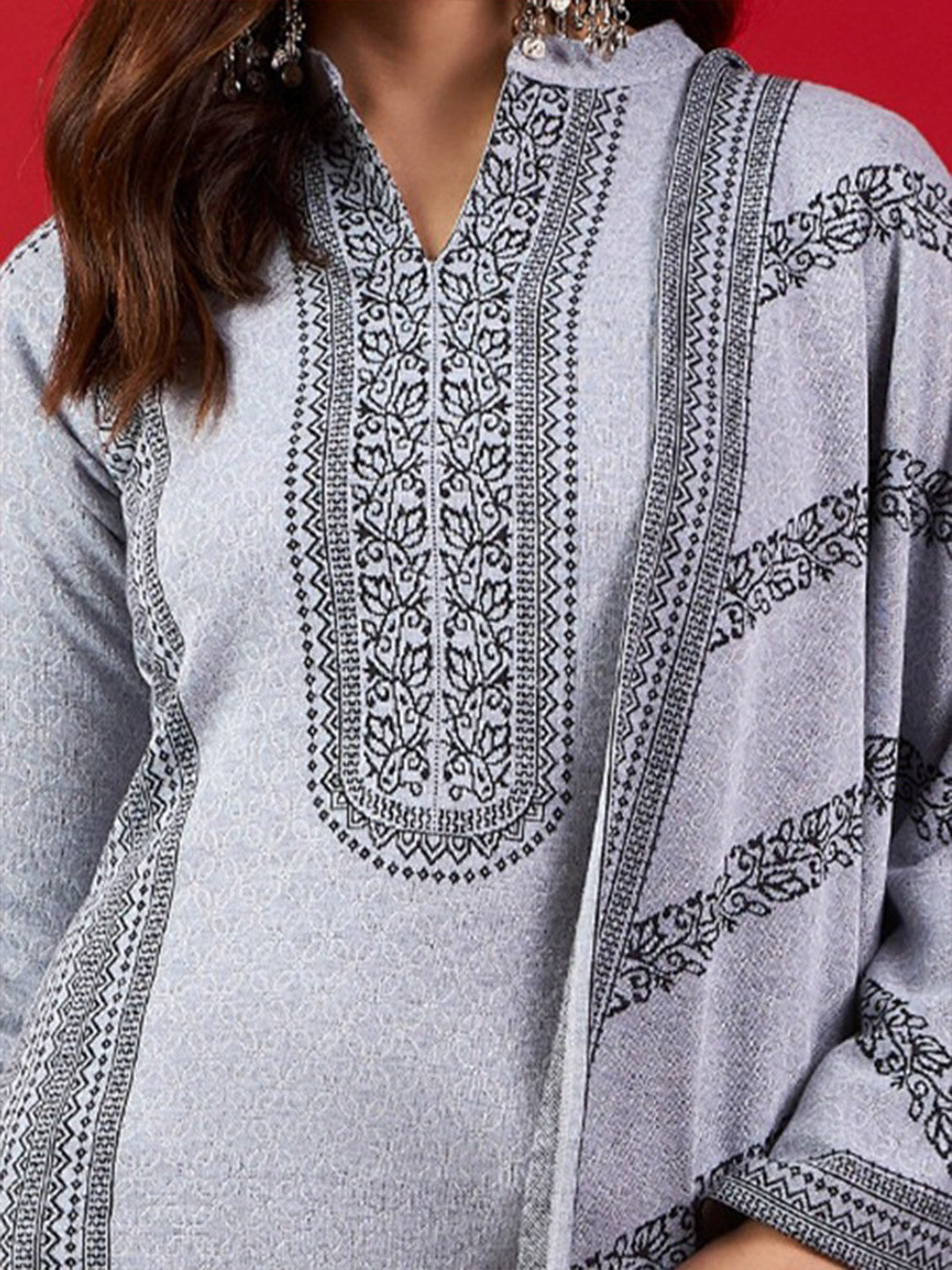 Floral Printed Mandarin Collar Kurta & Trousers with Dupatta Set