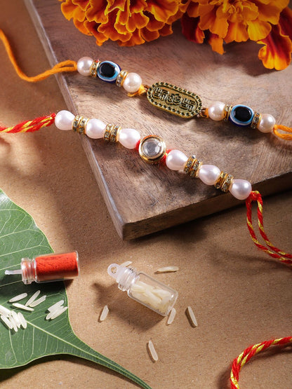 Dhiyona Unisex Set of 2 Beaded Bhai Bhabhi Rakhis With Roli & Chawal