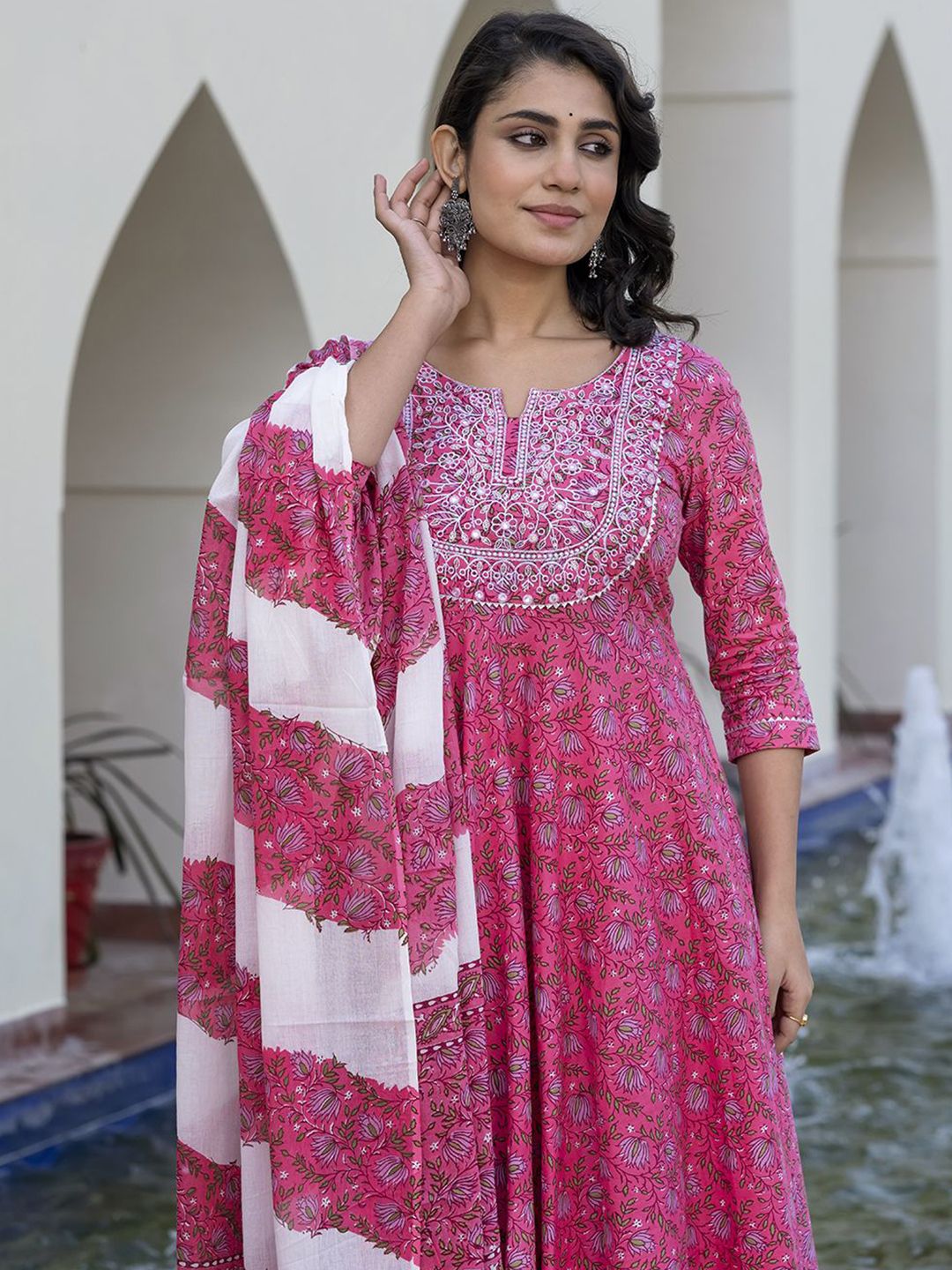 Dhiyona KL Floral Printed Chikankari Pure Cotton Anarkali Kurta With Trouser & Dupatta