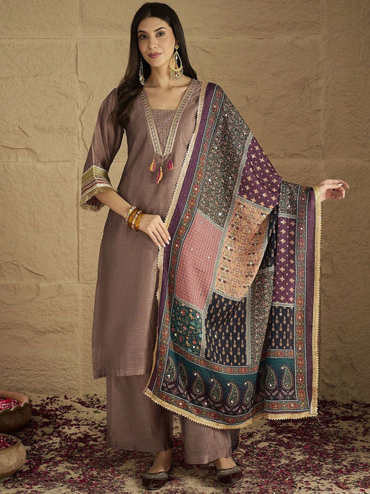Dhiyona VA Ethnic Motifs Yoke Design V-Neck Straight Kurta With Palazzos & Dupatta