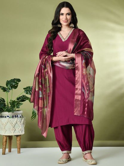 Magenta Flared Sleeves Thread Work Straight Kurta With Salwar & Dupatta