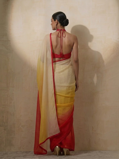 Dhiyona ST Yellow Red Cream Ombre Chiffon Saree with Self Fabric Blouse