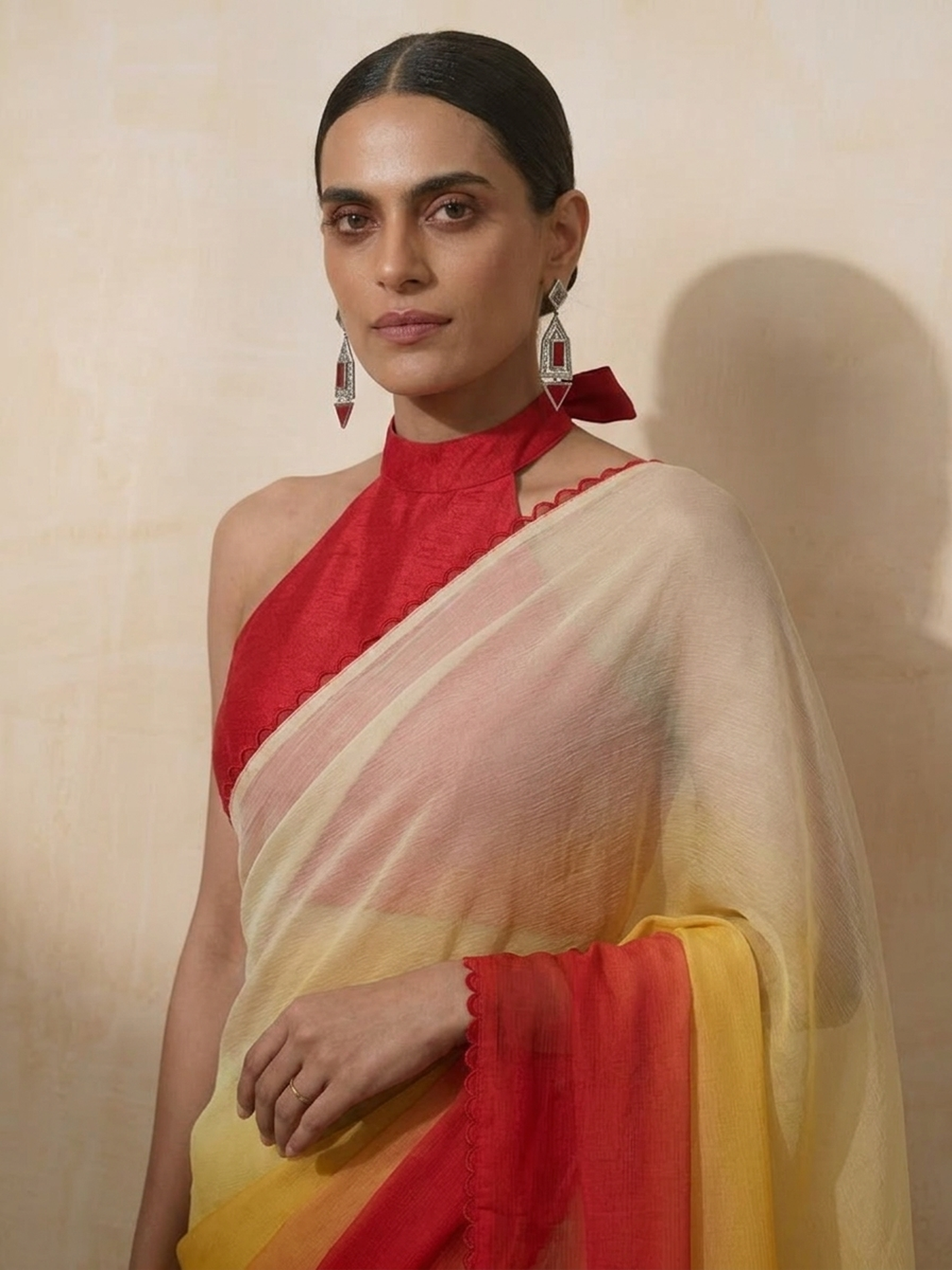 Dhiyona ST Yellow Red Cream Ombre Chiffon Saree with Self Fabric Blouse