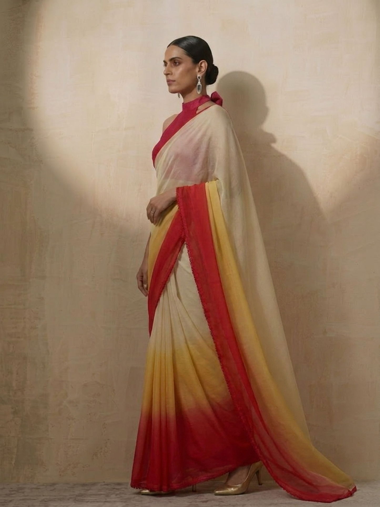 Dhiyona ST Yellow Red Cream Ombre Chiffon Saree with Self Fabric Blouse