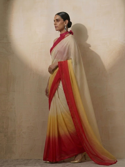 Dhiyona ST Yellow Red Cream Ombre Chiffon Saree with Self Fabric Blouse