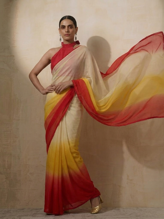 Dhiyona ST Yellow Red Cream Ombre Chiffon Saree with Self Fabric Blouse
