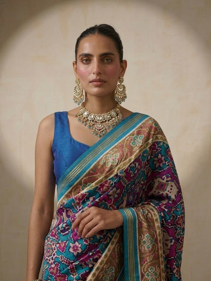 Dhiyona ST Blue Silk Patola Saree with Self Blouse Fabric