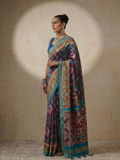 Dhiyona ST Blue Silk Patola Saree with Self Blouse Fabric