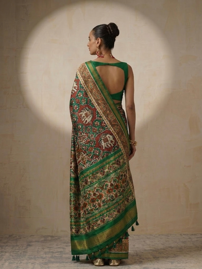 Dhiyona ST Green Silk Patola Saree with Self Blouse Fabric