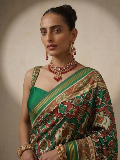 Dhiyona ST Green Silk Patola Saree with Self Blouse Fabric