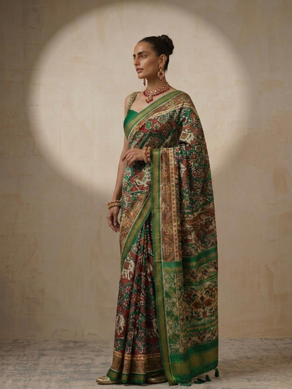 Dhiyona ST Green Silk Patola Saree with Self Blouse Fabric