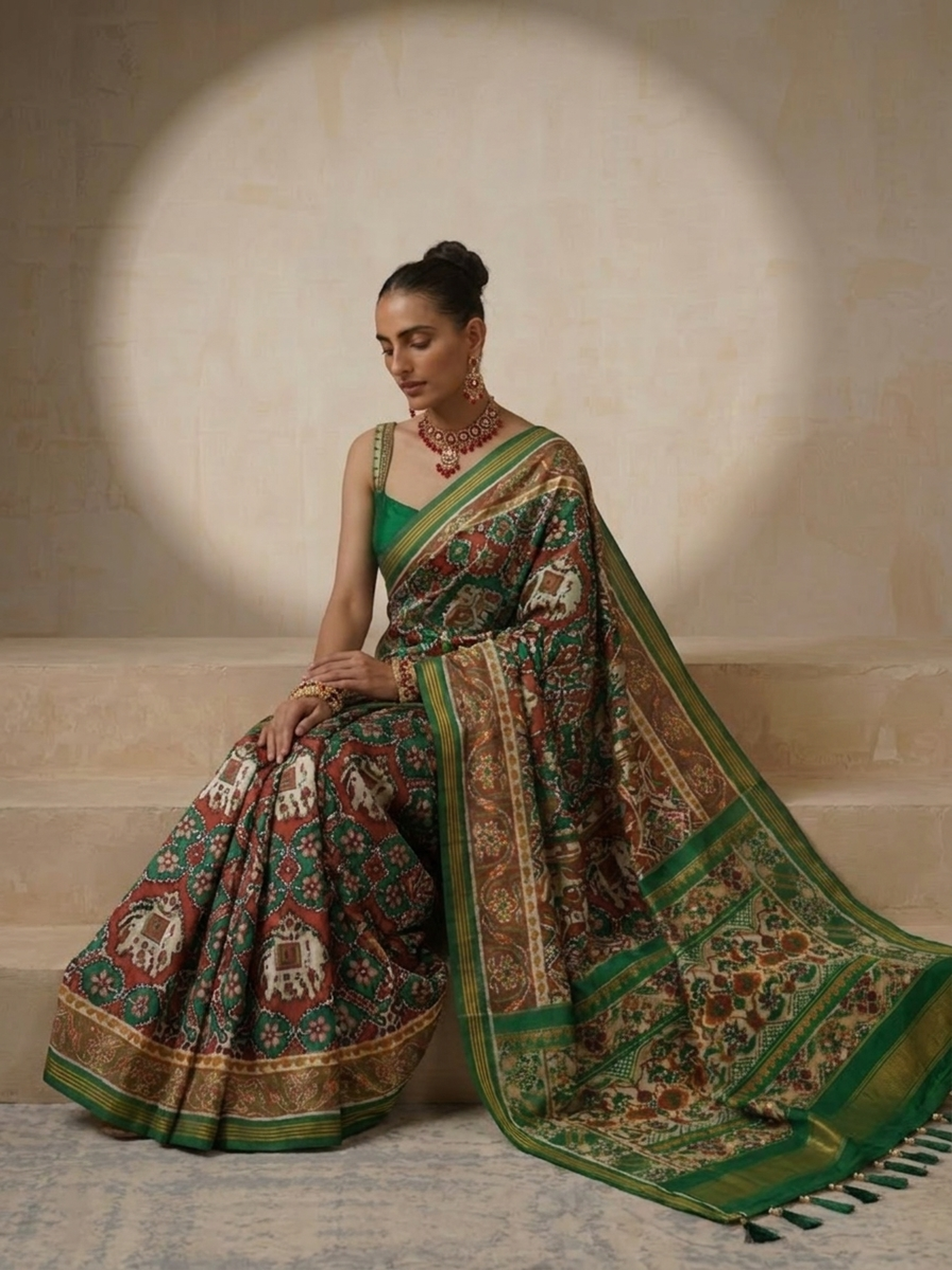 Dhiyona ST Green Silk Patola Saree with Self Blouse Fabric