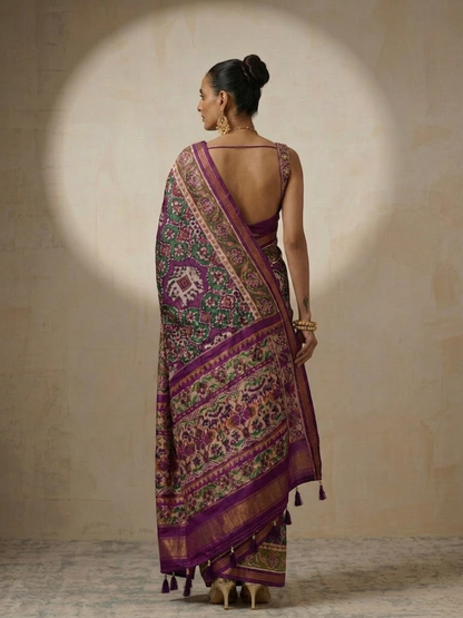 Dhiyona ST Purple Silk Patola Saree with Self Blouse Fabric