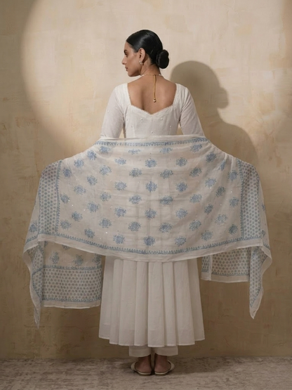 Dhiyona ST 3 Pc Set - White Cotton Anarkali with Pearls and Blue White Handblock Printed Dupatta