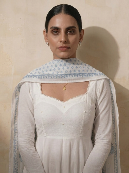 Dhiyona ST 3 Pc Set - White Cotton Anarkali with Pearls and Blue White Handblock Printed Dupatta
