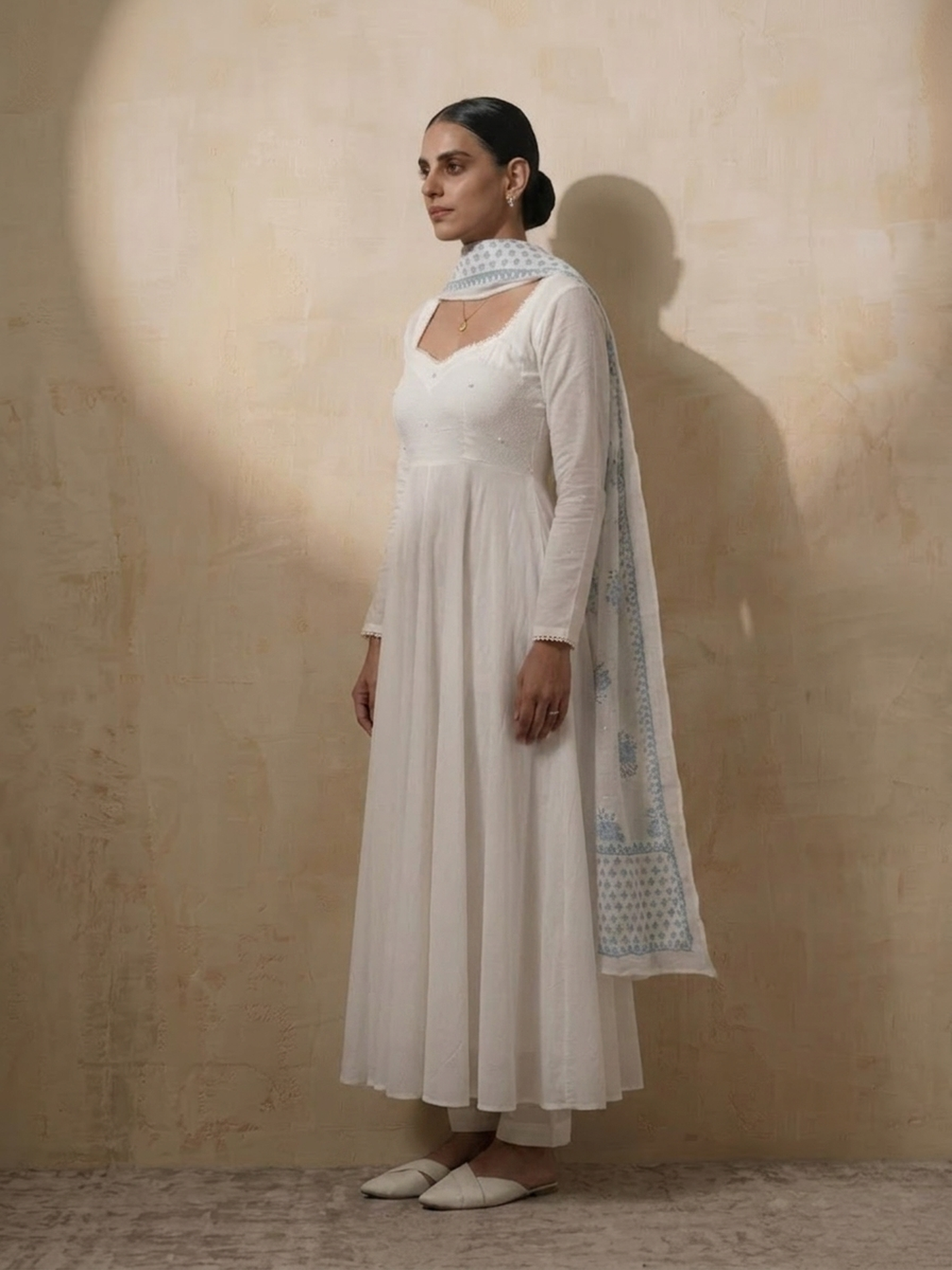 Dhiyona ST 3 Pc Set - White Cotton Anarkali with Pearls and Blue White Handblock Printed Dupatta