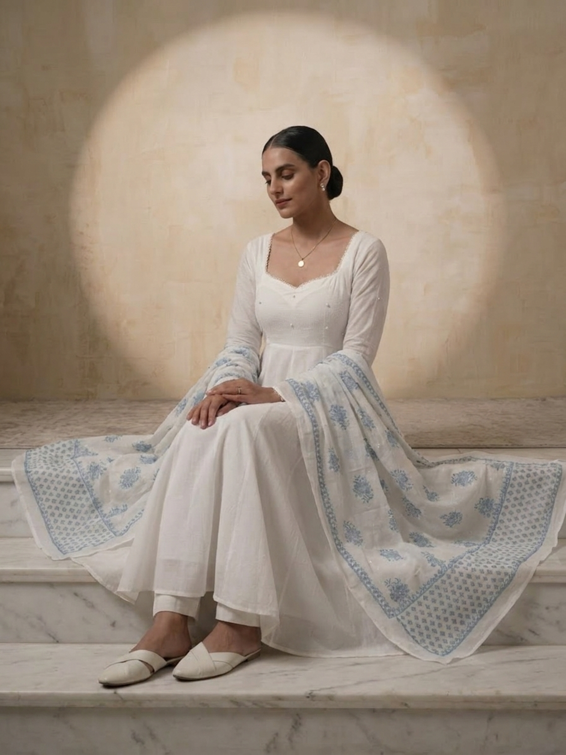Dhiyona ST 3 Pc Set - White Cotton Anarkali with Pearls and Blue White Handblock Printed Dupatta