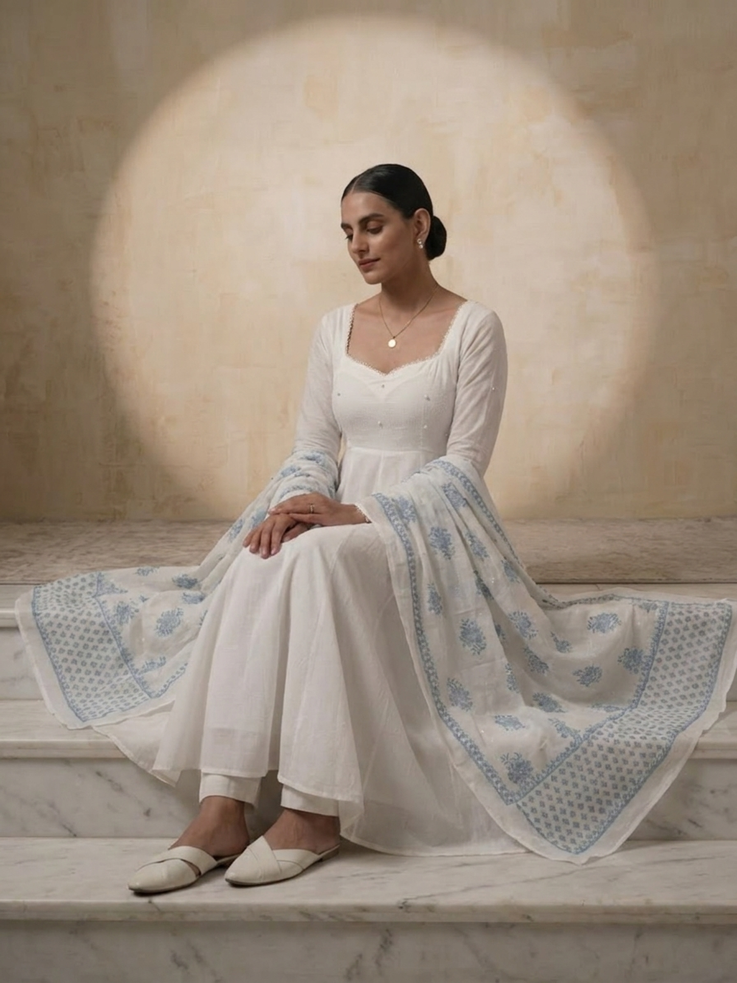 Dhiyona ST 3 Pc Set - White Cotton Anarkali with Pearls and Blue White Handblock Printed Dupatta