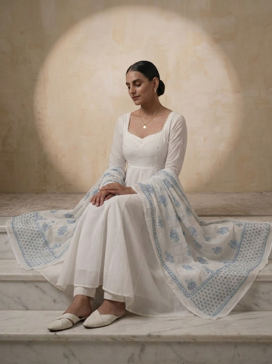 Dhiyona ST 3 Pc Set - White Cotton Anarkali with Pearls and Blue White Handblock Printed Dupatta