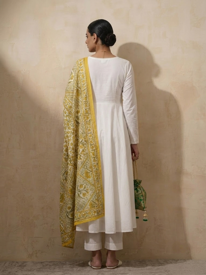 Dhiyona ST 3 Pc Set - White Cotton Anarkali with Pearls and Yellow Printed Dupatta