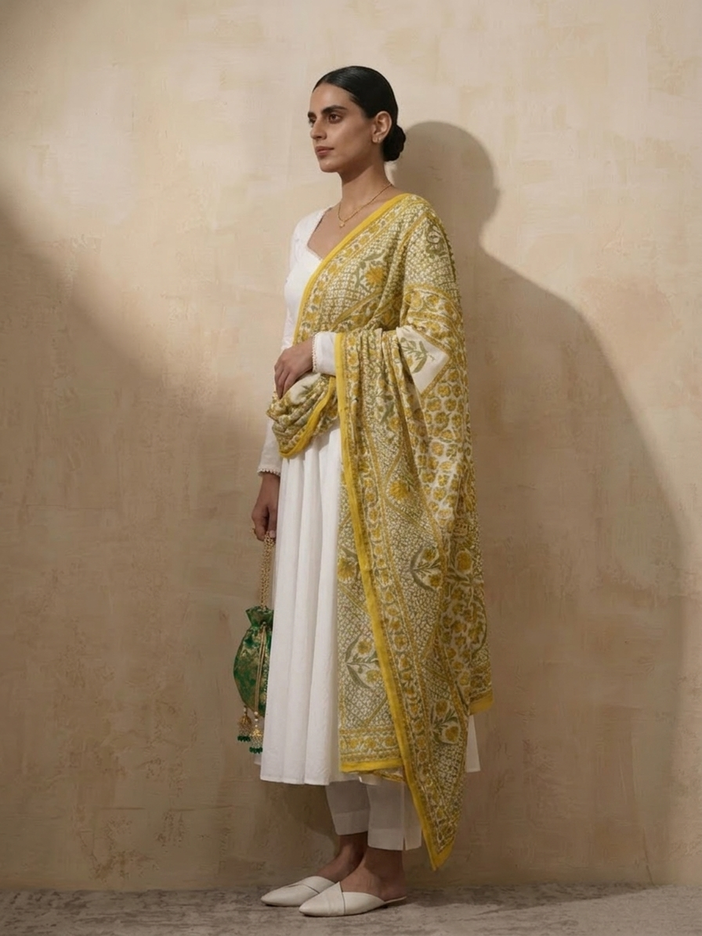 Dhiyona ST 3 Pc Set - White Cotton Anarkali with Pearls and Yellow Printed Dupatta