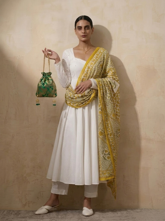 Dhiyona ST 3 Pc Set - White Cotton Anarkali with Pearls and Yellow Printed Dupatta
