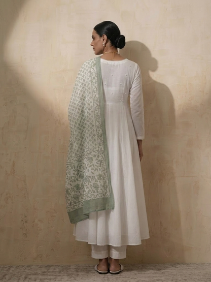 Dhiyona ST 3 Pc Set - White Cotton Anarkali with Pearls and Green Handblock Printed Dupatta