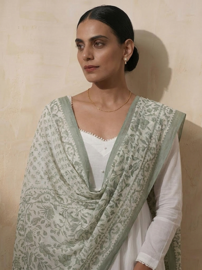 Dhiyona ST 3 Pc Set - White Cotton Anarkali with Pearls and Green Handblock Printed Dupatta