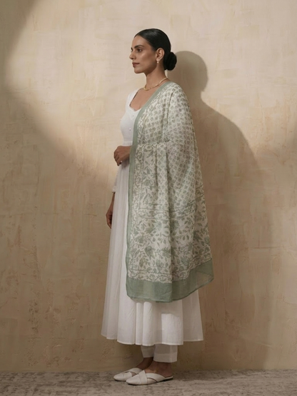 Dhiyona ST 3 Pc Set - White Cotton Anarkali with Pearls and Green Handblock Printed Dupatta
