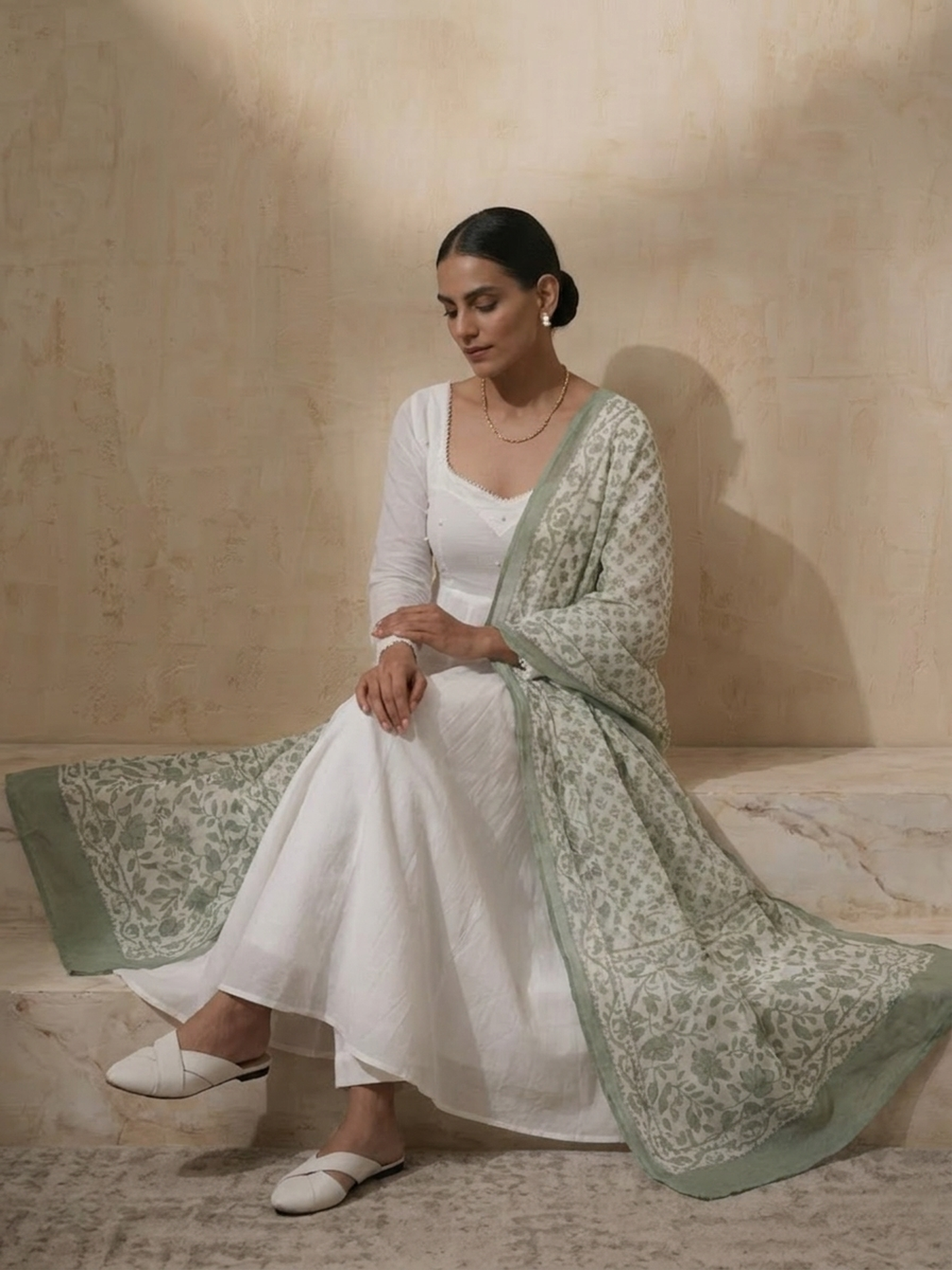 Dhiyona ST 3 Pc Set - White Cotton Anarkali with Pearls and Green Handblock Printed Dupatta