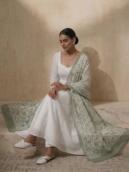 Dhiyona ST 3 Pc Set - White Cotton Anarkali with Pearls and Green Handblock Printed Dupatta