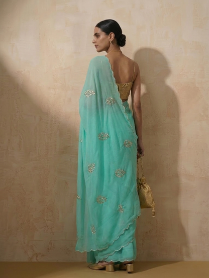 Dhiyona ST Cyan Blue Chiffon Saree with Scallop and Hand Beading with Self Fabric Blouse