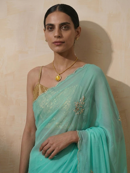 Dhiyona ST Cyan Blue Chiffon Saree with Scallop and Hand Beading with Self Fabric Blouse