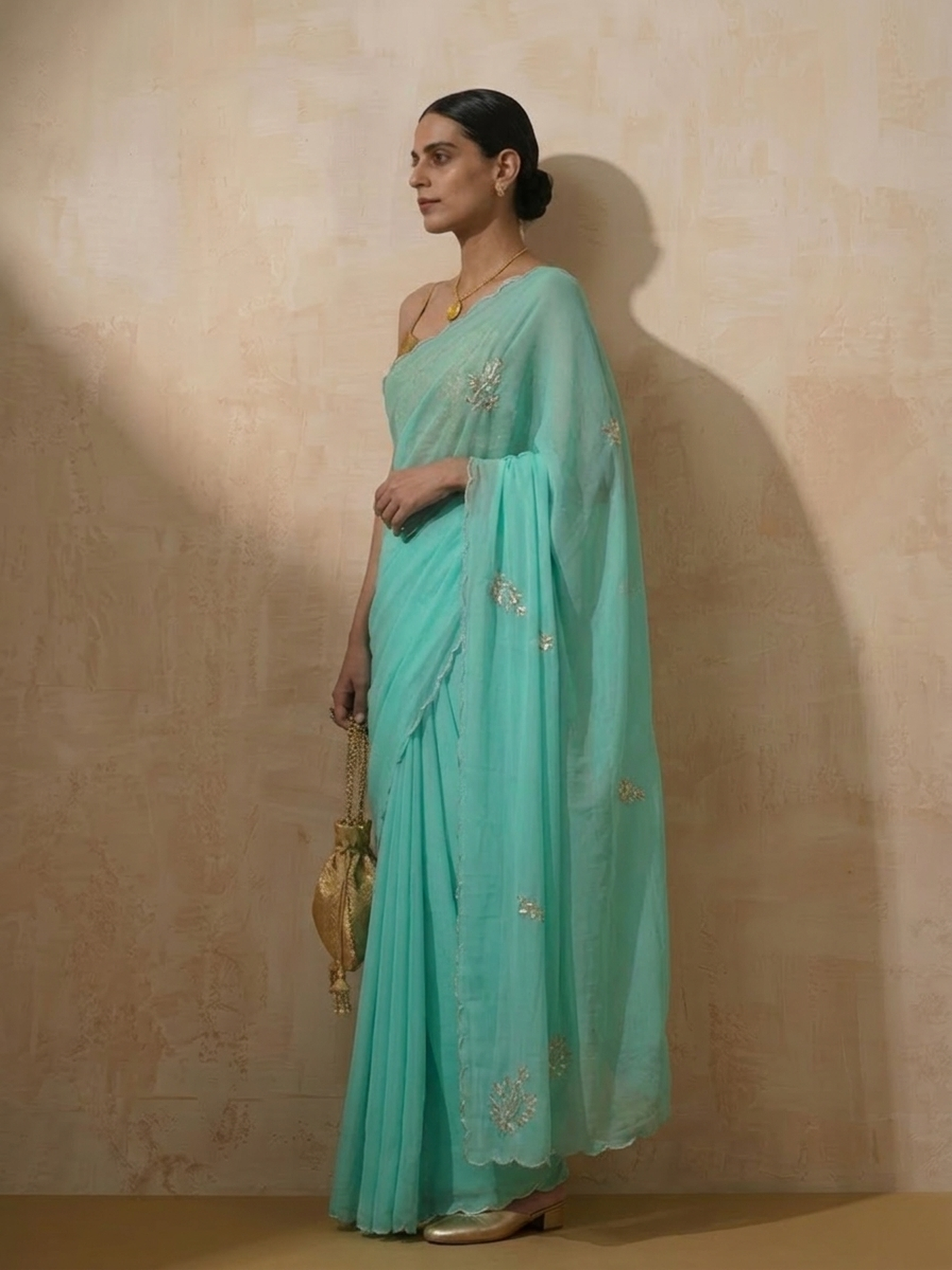 Dhiyona ST Cyan Blue Chiffon Saree with Scallop and Hand Beading with Self Fabric Blouse