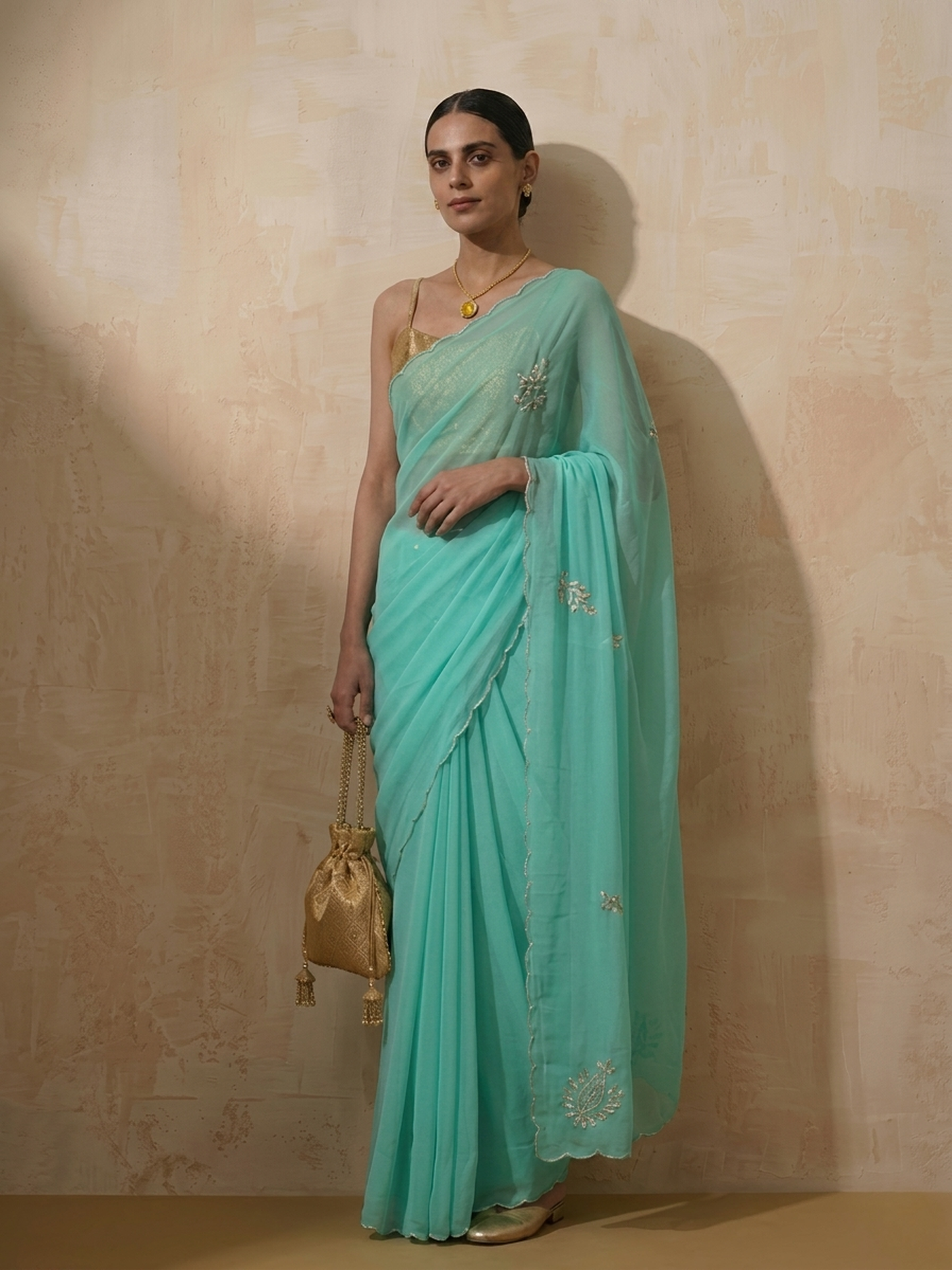 Dhiyona ST Cyan Blue Chiffon Saree with Scallop and Hand Beading with Self Fabric Blouse