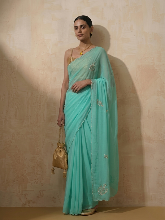 Dhiyona ST Cyan Blue Chiffon Saree with Scallop and Hand Beading with Self Fabric Blouse