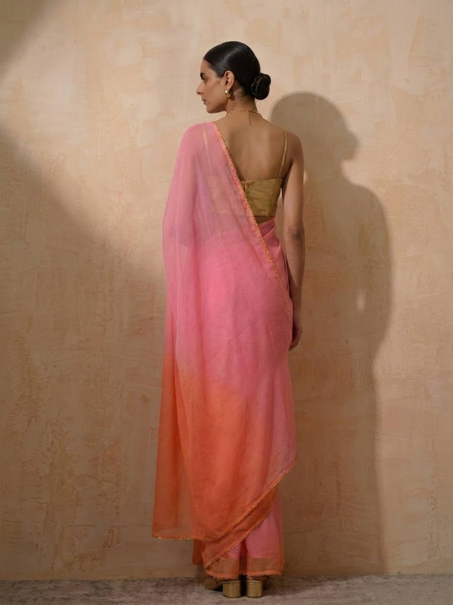 Dhiyona ST Pink and Coral Ombre Chiffon Saree with Self Fabric Blouse